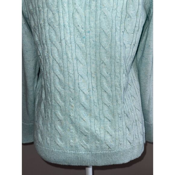 Talbots Tweed Cable Knit Sweater Light Blue Speckled Crew Neck Button Medium Pet - Picture 7 of 16